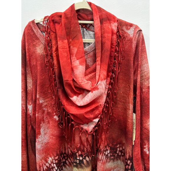 One World Womens Red Tie Dye Long Sleeve Tunic Top With Matching Scarf Size 2X - Picture 2 of 16
